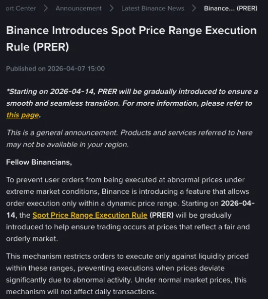 Binance English announcement page titled Binance Introduces Spot Price Range Execution Rule (PRER), published 2026-04-07 15:00, with the start-date note and the first two paragraphs