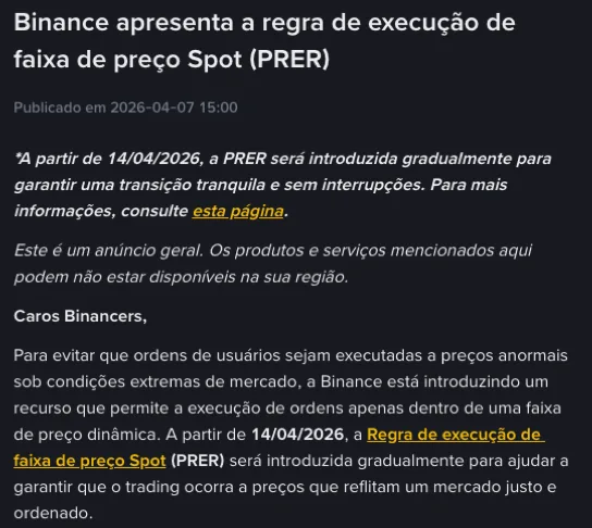 Página de anúncio da Binance em português com o título Binance apresenta a regra de execução de faixa de preço Spot (PRER), publicada em 2026-04-07 15:00, o aviso de entrada gradual a partir de 14/04/2026 e o primeiro parágrafo