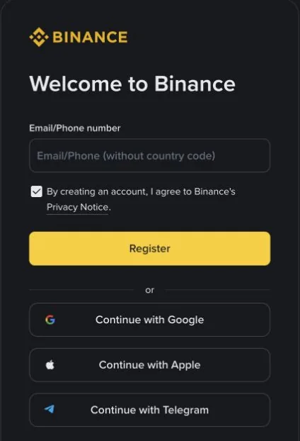 Binance English registration screen showing the Email/Phone number field and Register button, with no referral field visible