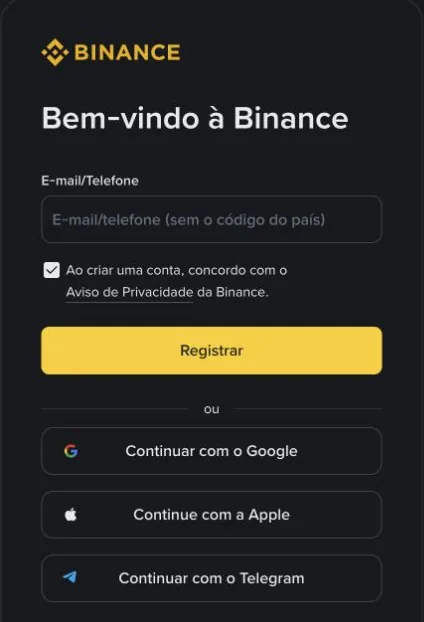 Página de cadastro da Binance em português do Brasil, com campo E-mail/Telefone e botão Registrar, sem campo de indicação visível
