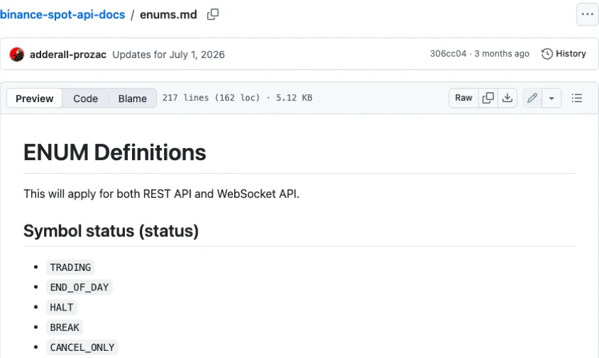 Screenshot of enums.md in Binance's official binance-spot-api-docs GitHub repository: under the heading Symbol status (status), the codes TRADING, END_OF_DAY, HALT, BREAK and CANCEL_ONLY are listed