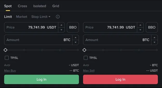 币安 BTC/USDT 公开现货页英文限价单输入区,Limit 已选中,Price 标注 USDT,Amount 标注 BTC