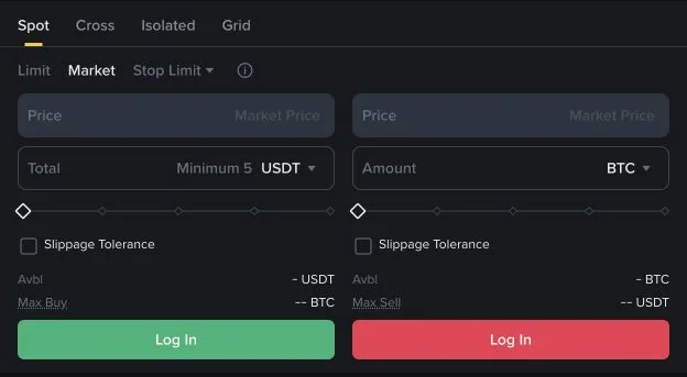 币安公开现货页选中 Market 后的表单,价格显示 Market Price,左侧 Total 使用 USDT,右侧 Amount 使用 BTC