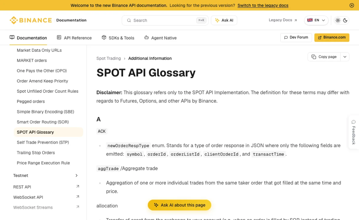 币安现货 API 术语表的公开入口截图,可在文档内查找 free 和 locked 的定义