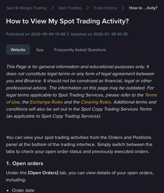 Top of the Binance help article How to View My Spot Trading Activity, with the Website tab selected and the Open orders field list beginning with Order date