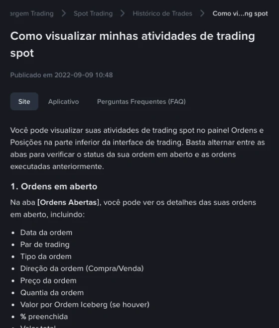Início do artigo de suporte da Binance Como visualizar minhas atividades de trading spot, com a aba Site selecionada e a lista de campos de Ordens em aberto começando por Data da ordem