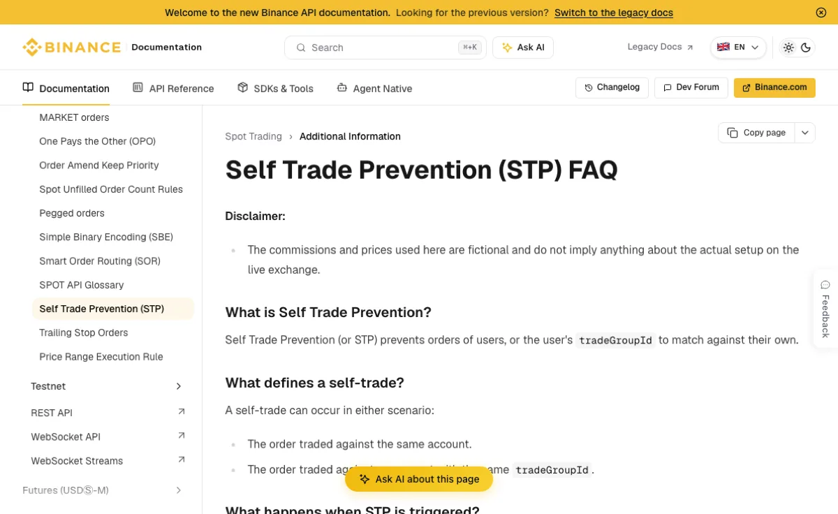 Top of the Binance developer documentation page Self Trade Prevention (STP) FAQ, showing the definition and the two cases: the same account or the same tradeGroupId