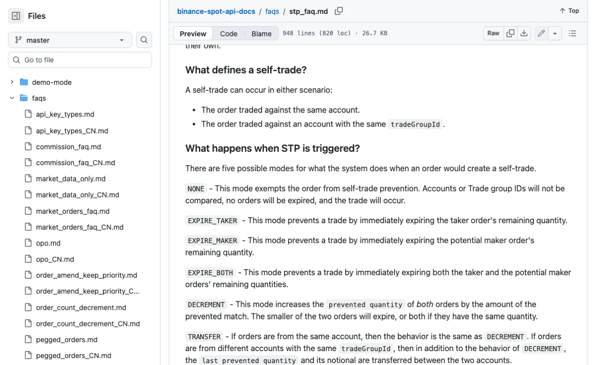 FAQ de STP no repositório oficial da Binance no GitHub, em inglês: mesma conta ou mesmo tradeGroupId, seguidos dos modos EXPIRE_TAKER, EXPIRE_MAKER e EXPIRE_BOTH